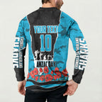 Personalized Sharks ANZAC Tribute Button Sweatshirt Poppy Field Soldier Silhouette Aboriginal Rugby Mascot