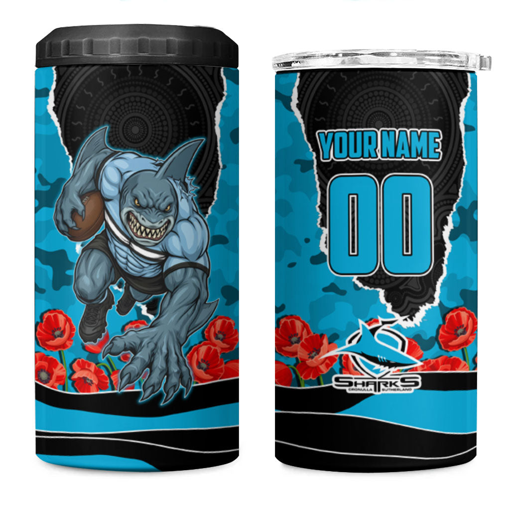 Personalized Sharks ANZAC Tribute 4 in 1 Can Cooler Tumbler Poppy Field Soldier Silhouette Aboriginal Rugby Mascot