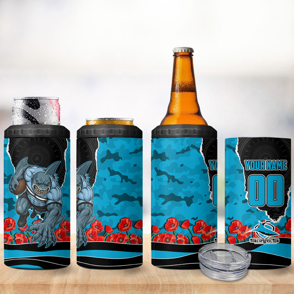 Personalized Sharks ANZAC Tribute 4 in 1 Can Cooler Tumbler Poppy Field Soldier Silhouette Aboriginal Rugby Mascot