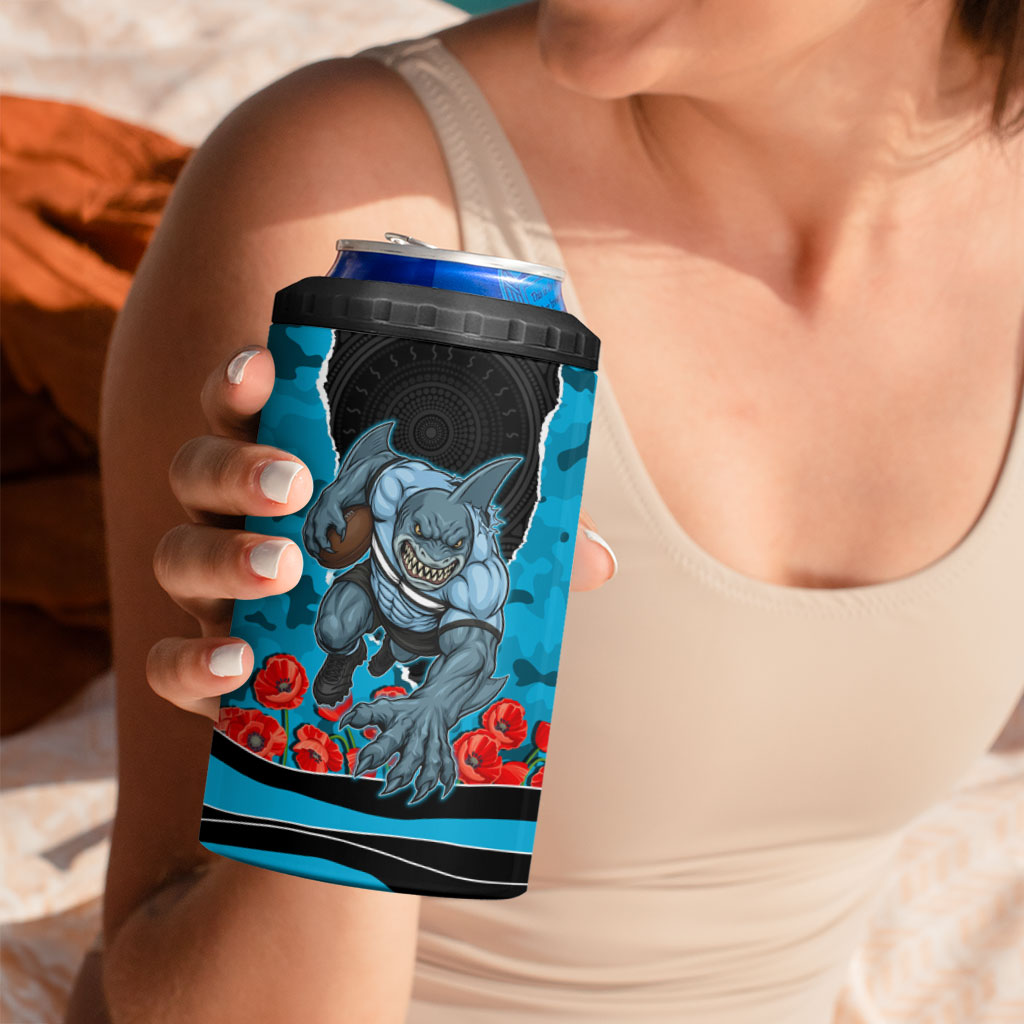 Personalized Sharks ANZAC Tribute 4 in 1 Can Cooler Tumbler Poppy Field Soldier Silhouette Aboriginal Rugby Mascot