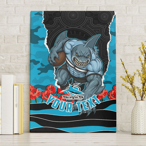 Personalized Sharks ANZAC Tribute Canvas Wall Art Poppy Field Soldier Silhouette Aboriginal Rugby Mascot