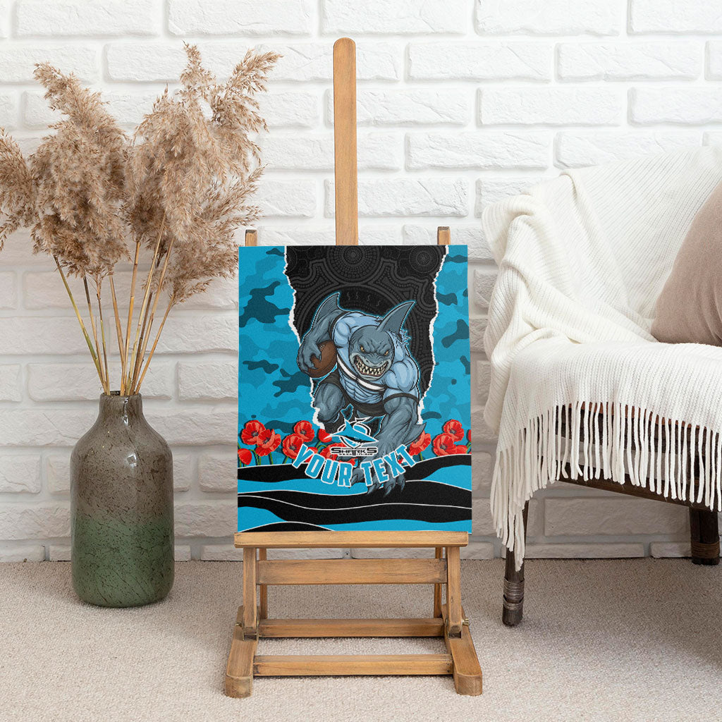 Personalized Sharks ANZAC Tribute Canvas Wall Art Poppy Field Soldier Silhouette Aboriginal Rugby Mascot