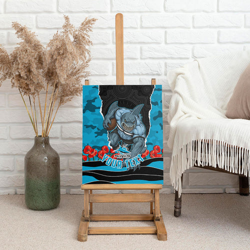 Personalized Sharks ANZAC Tribute Canvas Wall Art Poppy Field Soldier Silhouette Aboriginal Rugby Mascot