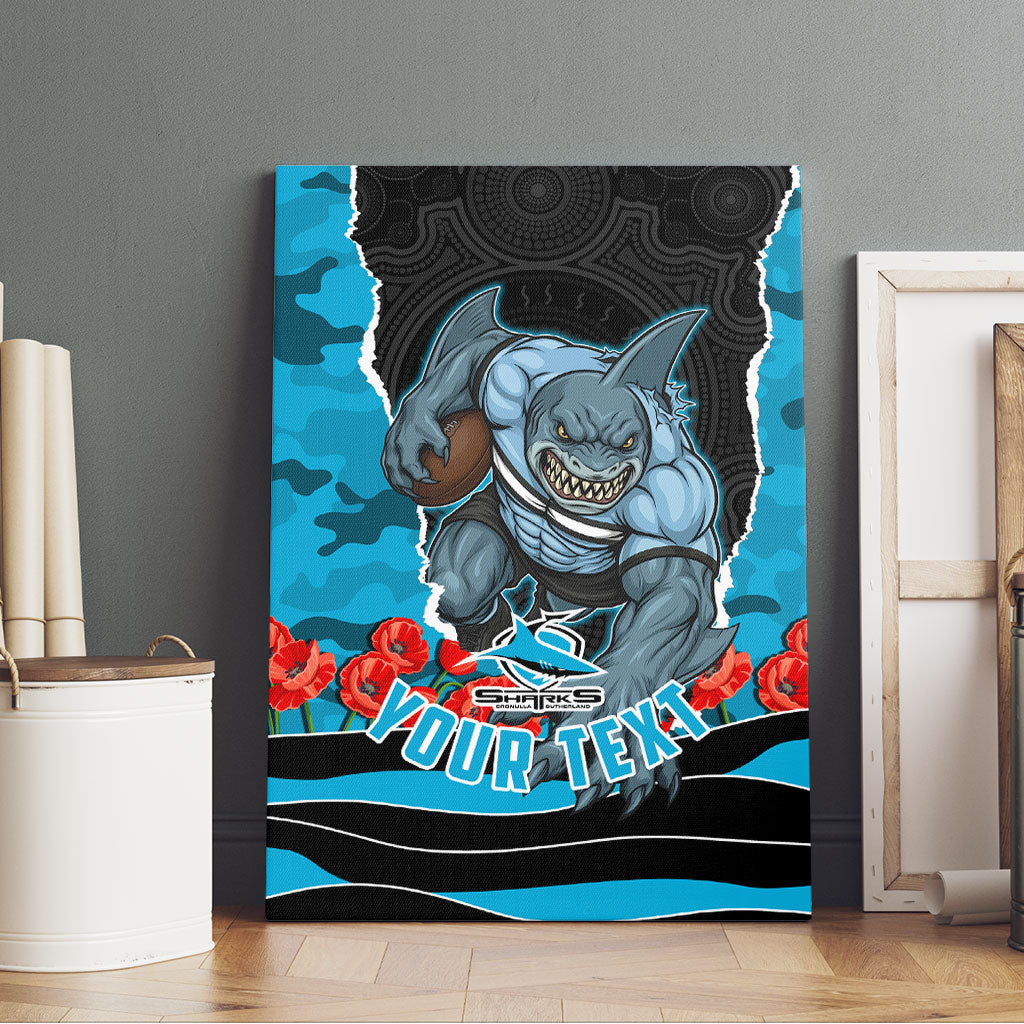 Personalized Sharks ANZAC Tribute Canvas Wall Art Poppy Field Soldier Silhouette Aboriginal Rugby Mascot