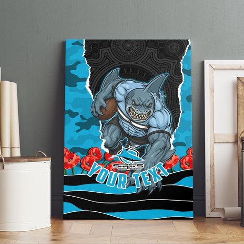 Personalized Sharks ANZAC Tribute Canvas Wall Art Poppy Field Soldier Silhouette Aboriginal Rugby Mascot