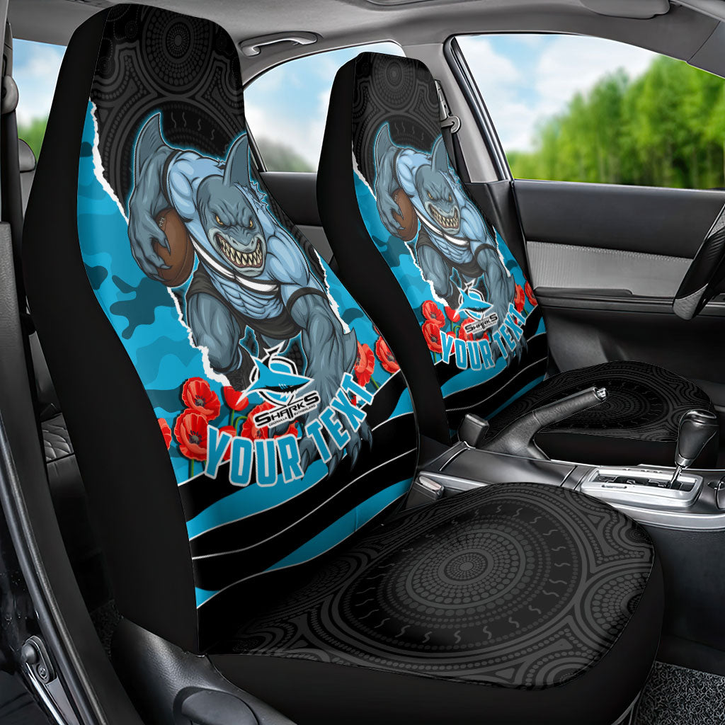 Personalized Sharks ANZAC Tribute Car Seat Cover Poppy Field Soldier Silhouette Aboriginal Rugby Mascot