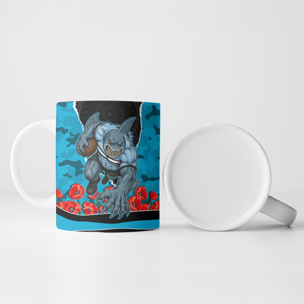 Personalized Sharks ANZAC Tribute Ceramic Mug Poppy Field Soldier Silhouette Aboriginal Rugby Mascot