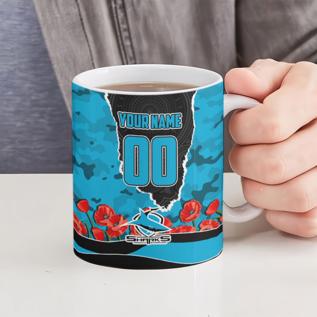 Personalized Sharks ANZAC Tribute Ceramic Mug Poppy Field Soldier Silhouette Aboriginal Rugby Mascot