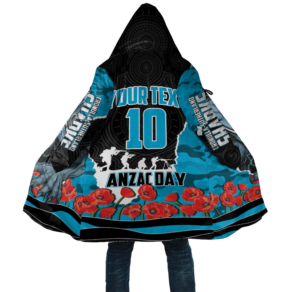 Personalized Sharks ANZAC Tribute Cloak Poppy Field Soldier Silhouette Aboriginal Rugby Mascot
