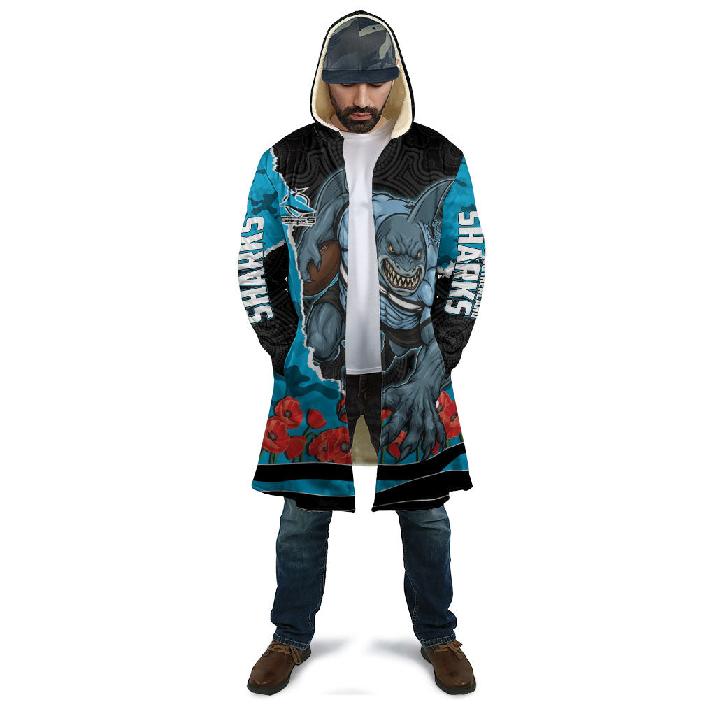 Personalized Sharks ANZAC Tribute Cloak Poppy Field Soldier Silhouette Aboriginal Rugby Mascot