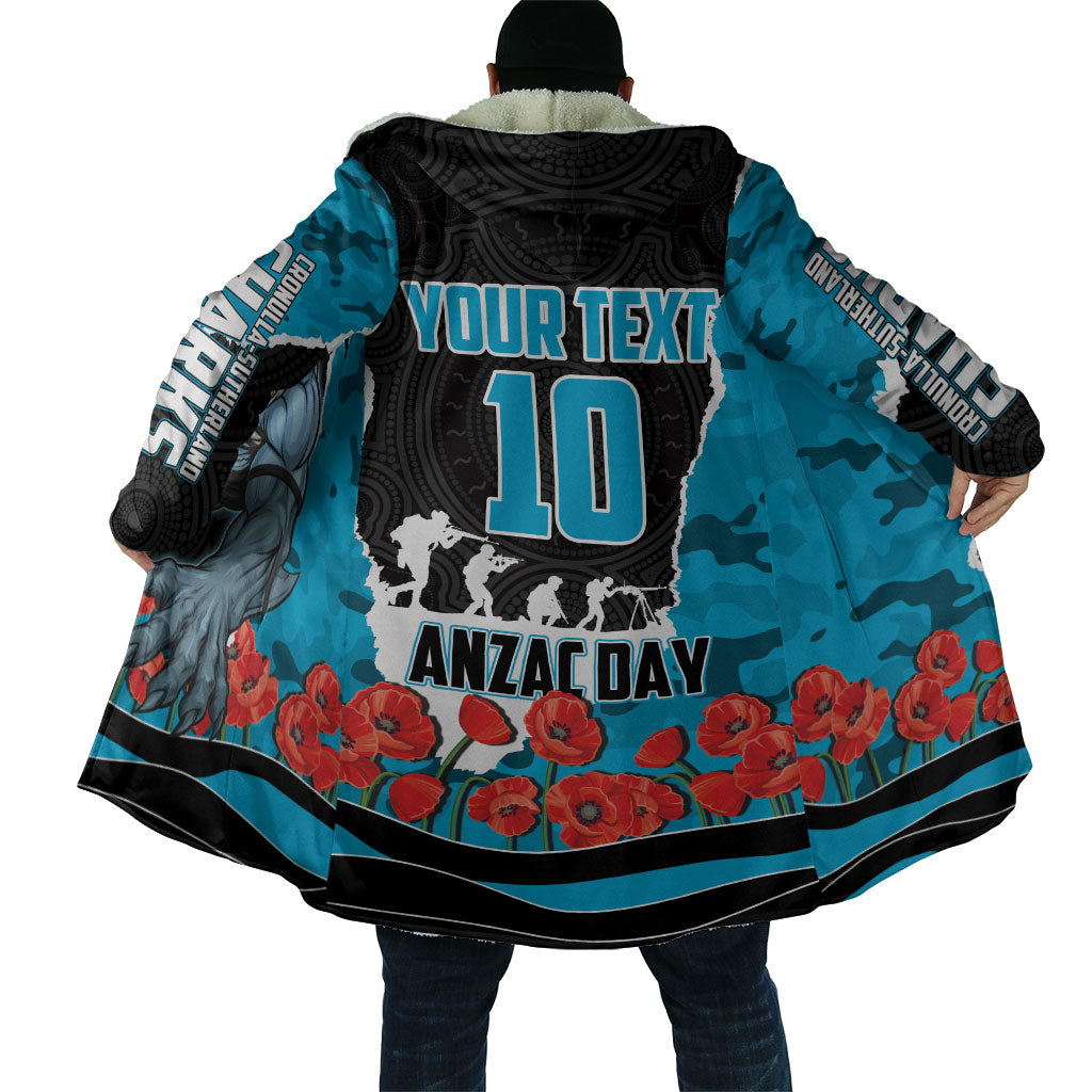 Personalized Sharks ANZAC Tribute Cloak Poppy Field Soldier Silhouette Aboriginal Rugby Mascot