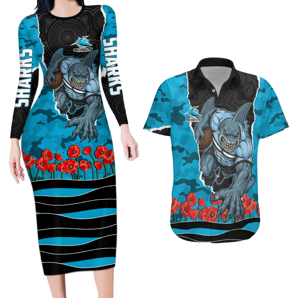 Personalized Sharks ANZAC Tribute Couples Matching Long Sleeve Bodycon Dress and Hawaiian Shirt Poppy Field Soldier Silhouette Aboriginal Rugby Mascot
