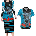 Personalized Sharks ANZAC Tribute Couples Matching Long Sleeve Bodycon Dress and Hawaiian Shirt Poppy Field Soldier Silhouette Aboriginal Rugby Mascot