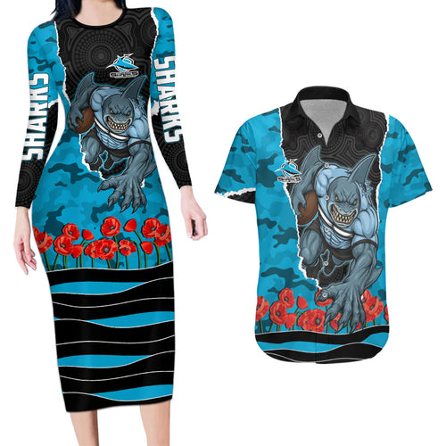 Personalized Sharks ANZAC Tribute Couples Matching Long Sleeve Bodycon Dress and Hawaiian Shirt Poppy Field Soldier Silhouette Aboriginal Rugby Mascot