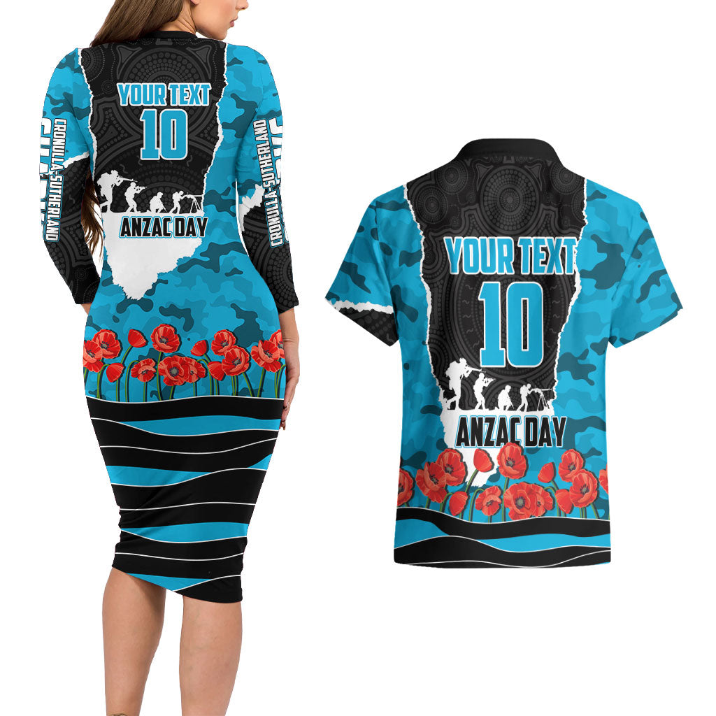 Personalized Sharks ANZAC Tribute Couples Matching Long Sleeve Bodycon Dress and Hawaiian Shirt Poppy Field Soldier Silhouette Aboriginal Rugby Mascot