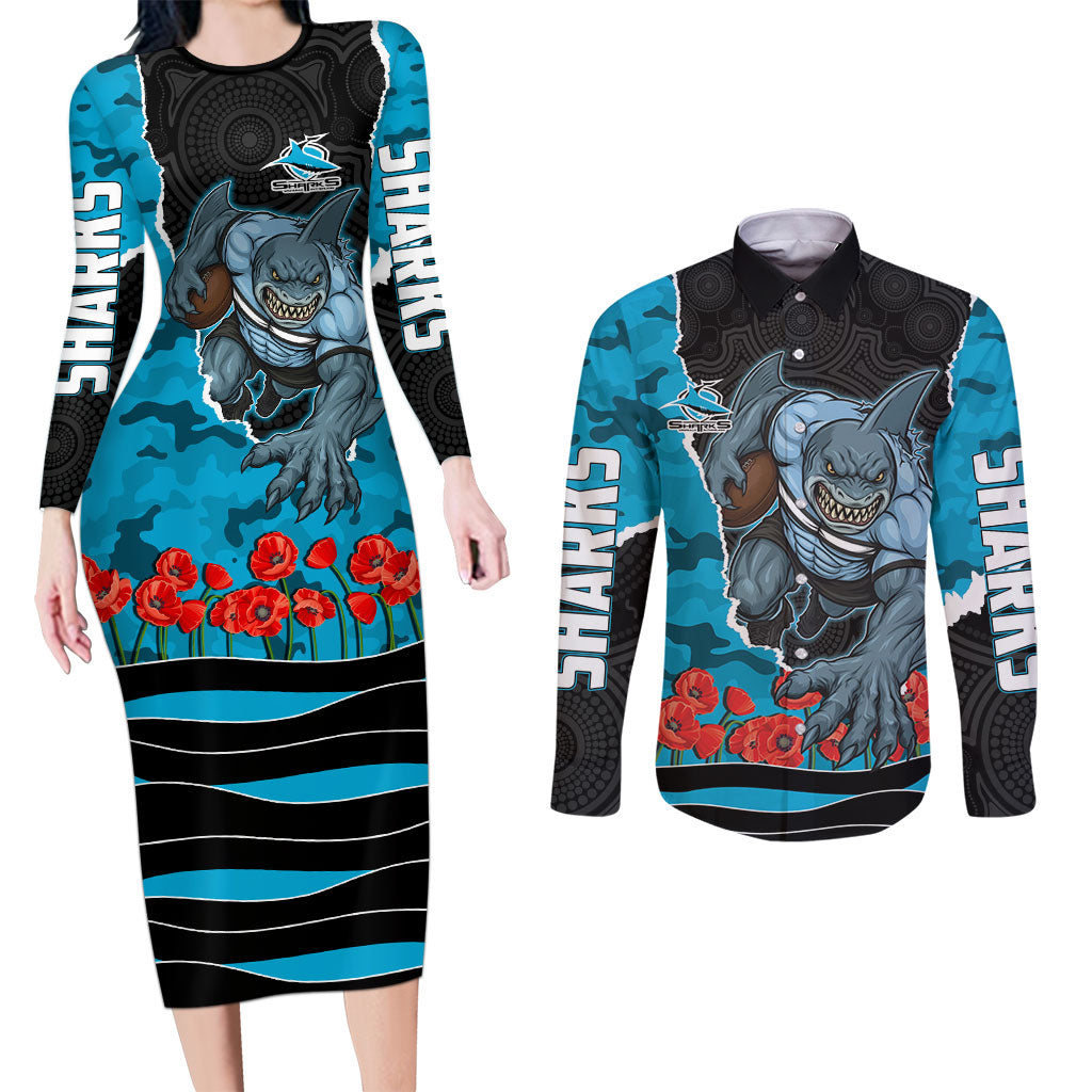 Personalized Sharks ANZAC Tribute Couples Matching Long Sleeve Bodycon Dress and Long Sleeve Button Shirt Poppy Field Soldier Silhouette Aboriginal Rugby Mascot