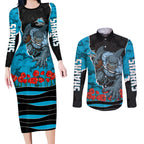 Personalized Sharks ANZAC Tribute Couples Matching Long Sleeve Bodycon Dress and Long Sleeve Button Shirt Poppy Field Soldier Silhouette Aboriginal Rugby Mascot