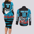 Personalized Sharks ANZAC Tribute Couples Matching Long Sleeve Bodycon Dress and Long Sleeve Button Shirt Poppy Field Soldier Silhouette Aboriginal Rugby Mascot