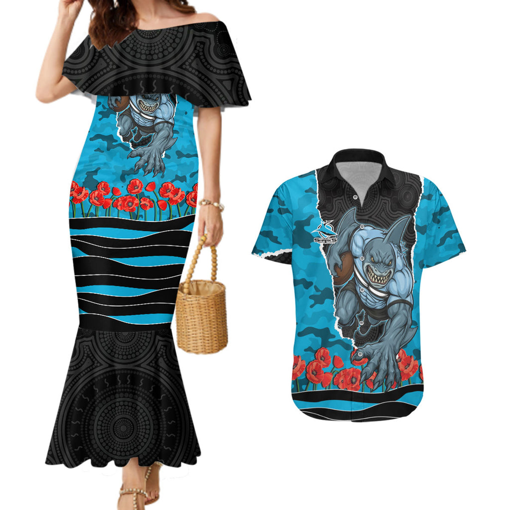 Personalized Sharks ANZAC Tribute Couples Matching Mermaid Dress and Hawaiian Shirt Poppy Field Soldier Silhouette Aboriginal Rugby Mascot