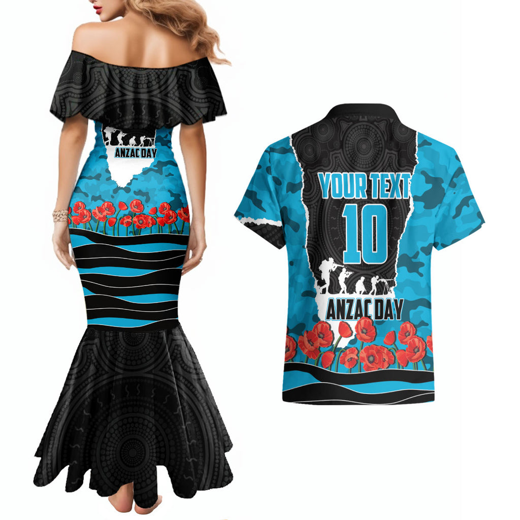 Personalized Sharks ANZAC Tribute Couples Matching Mermaid Dress and Hawaiian Shirt Poppy Field Soldier Silhouette Aboriginal Rugby Mascot