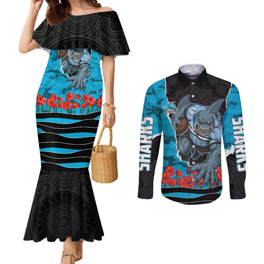 Personalized Sharks ANZAC Tribute Couples Matching Mermaid Dress and Long Sleeve Button Shirt Poppy Field Soldier Silhouette Aboriginal Rugby Mascot