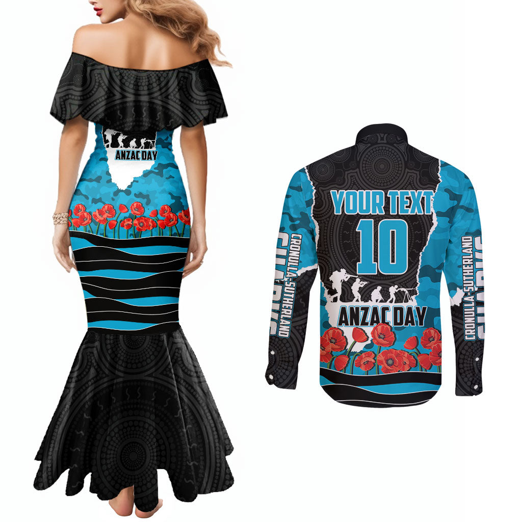 Personalized Sharks ANZAC Tribute Couples Matching Mermaid Dress and Long Sleeve Button Shirt Poppy Field Soldier Silhouette Aboriginal Rugby Mascot