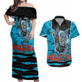 Personalized Sharks ANZAC Tribute Couples Matching Off Shoulder Maxi Dress and Hawaiian Shirt Poppy Field Soldier Silhouette Aboriginal Rugby Mascot