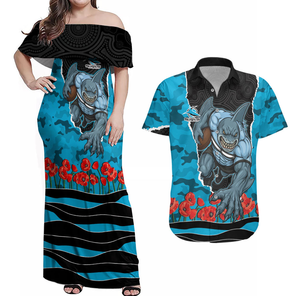 Personalized Sharks ANZAC Tribute Couples Matching Off Shoulder Maxi Dress and Hawaiian Shirt Poppy Field Soldier Silhouette Aboriginal Rugby Mascot