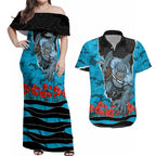 Personalized Sharks ANZAC Tribute Couples Matching Off Shoulder Maxi Dress and Hawaiian Shirt Poppy Field Soldier Silhouette Aboriginal Rugby Mascot