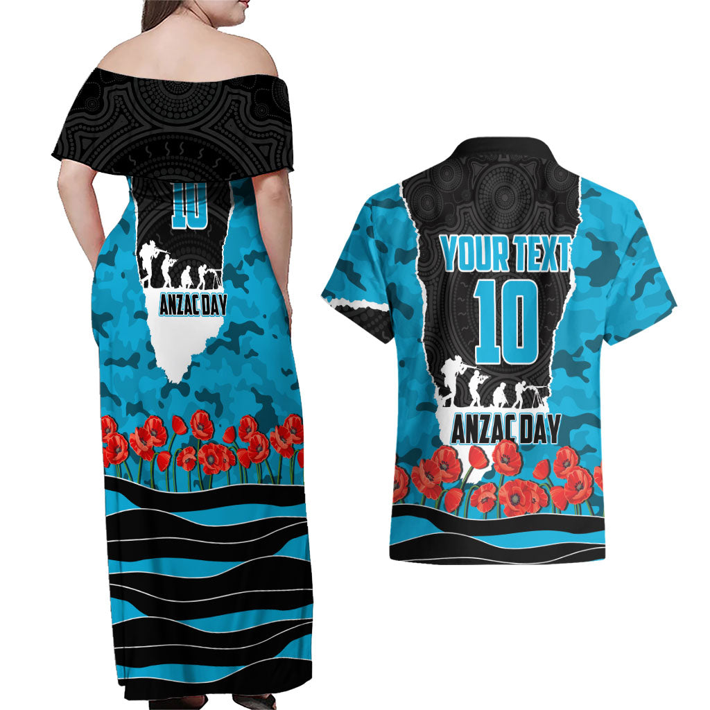 Personalized Sharks ANZAC Tribute Couples Matching Off Shoulder Maxi Dress and Hawaiian Shirt Poppy Field Soldier Silhouette Aboriginal Rugby Mascot