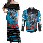 Personalized Sharks ANZAC Tribute Couples Matching Off Shoulder Maxi Dress and Long Sleeve Button Shirt Poppy Field Soldier Silhouette Aboriginal Rugby Mascot