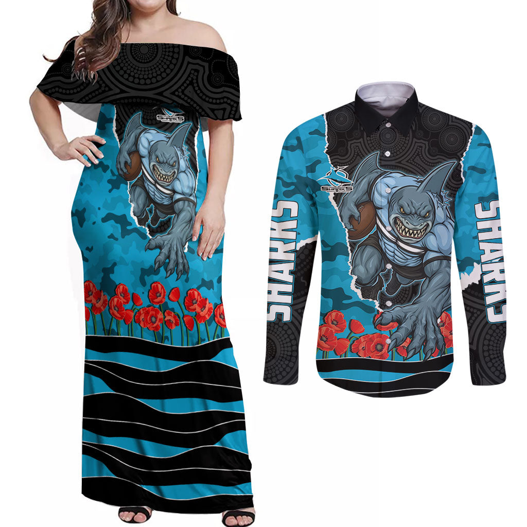 Personalized Sharks ANZAC Tribute Couples Matching Off Shoulder Maxi Dress and Long Sleeve Button Shirt Poppy Field Soldier Silhouette Aboriginal Rugby Mascot