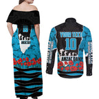 Personalized Sharks ANZAC Tribute Couples Matching Off Shoulder Maxi Dress and Long Sleeve Button Shirt Poppy Field Soldier Silhouette Aboriginal Rugby Mascot