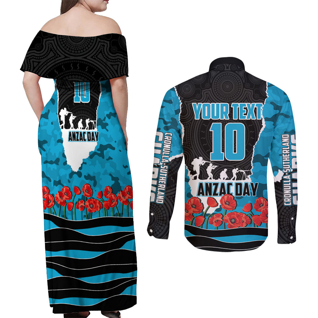 Personalized Sharks ANZAC Tribute Couples Matching Off Shoulder Maxi Dress and Long Sleeve Button Shirt Poppy Field Soldier Silhouette Aboriginal Rugby Mascot