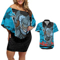Personalized Sharks ANZAC Tribute Couples Matching Off Shoulder Short Dress and Hawaiian Shirt Poppy Field Soldier Silhouette Aboriginal Rugby Mascot