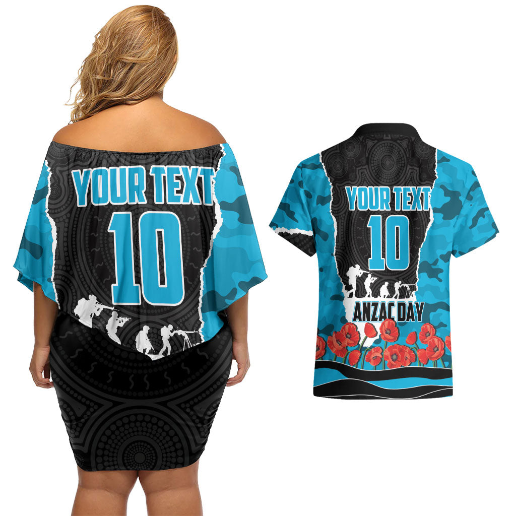 Personalized Sharks ANZAC Tribute Couples Matching Off Shoulder Short Dress and Hawaiian Shirt Poppy Field Soldier Silhouette Aboriginal Rugby Mascot