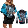 Personalized Sharks ANZAC Tribute Couples Matching Off Shoulder Short Dress and Long Sleeve Button Shirt Poppy Field Soldier Silhouette Aboriginal Rugby Mascot