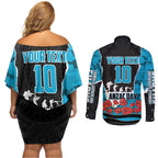 Personalized Sharks ANZAC Tribute Couples Matching Off Shoulder Short Dress and Long Sleeve Button Shirt Poppy Field Soldier Silhouette Aboriginal Rugby Mascot