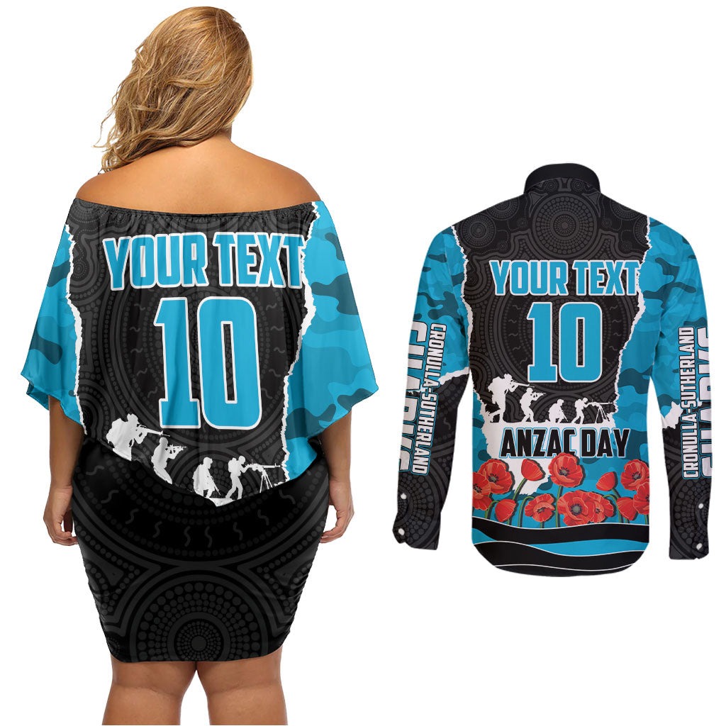 Personalized Sharks ANZAC Tribute Couples Matching Off Shoulder Short Dress and Long Sleeve Button Shirt Poppy Field Soldier Silhouette Aboriginal Rugby Mascot