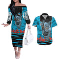 Personalized Sharks ANZAC Tribute Couples Matching Off The Shoulder Long Sleeve Dress and Hawaiian Shirt Poppy Field Soldier Silhouette Aboriginal Rugby Mascot