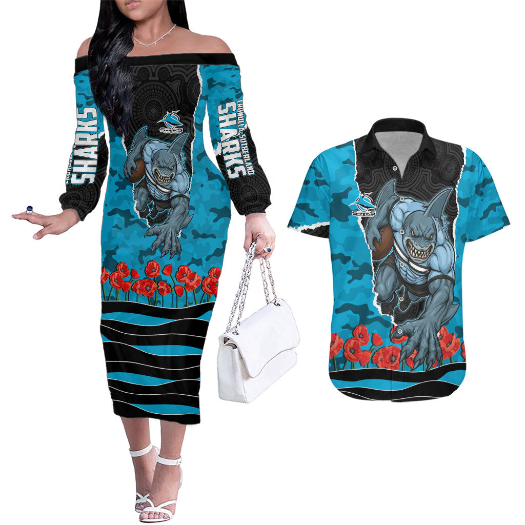 Personalized Sharks ANZAC Tribute Couples Matching Off The Shoulder Long Sleeve Dress and Hawaiian Shirt Poppy Field Soldier Silhouette Aboriginal Rugby Mascot