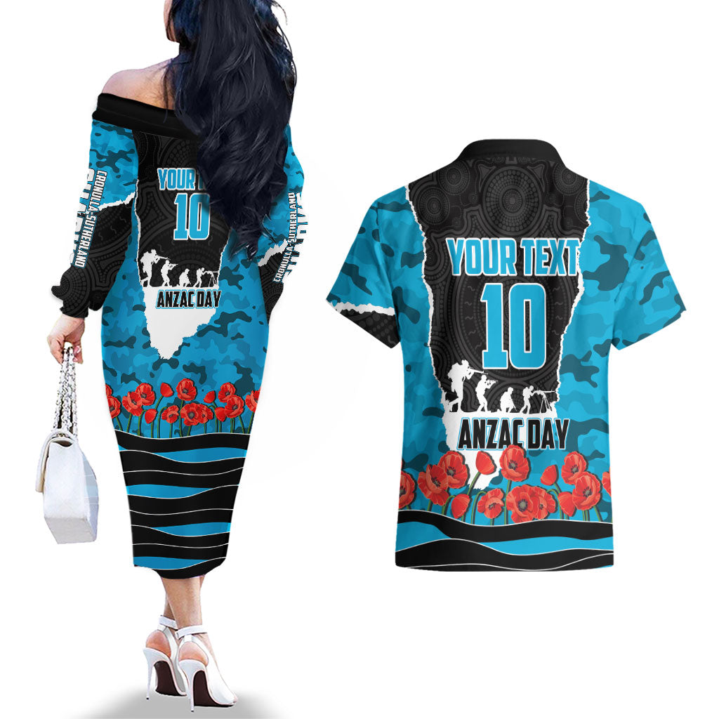 Personalized Sharks ANZAC Tribute Couples Matching Off The Shoulder Long Sleeve Dress and Hawaiian Shirt Poppy Field Soldier Silhouette Aboriginal Rugby Mascot