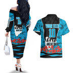 Personalized Sharks ANZAC Tribute Couples Matching Off The Shoulder Long Sleeve Dress and Hawaiian Shirt Poppy Field Soldier Silhouette Aboriginal Rugby Mascot
