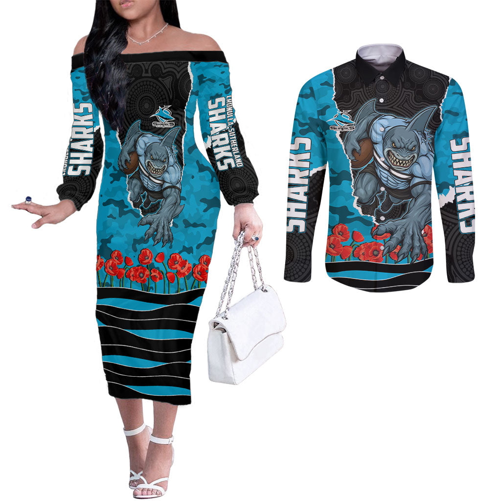 Personalized Sharks ANZAC Tribute Couples Matching Off The Shoulder Long Sleeve Dress and Long Sleeve Button Shirt Poppy Field Soldier Silhouette Aboriginal Rugby Mascot