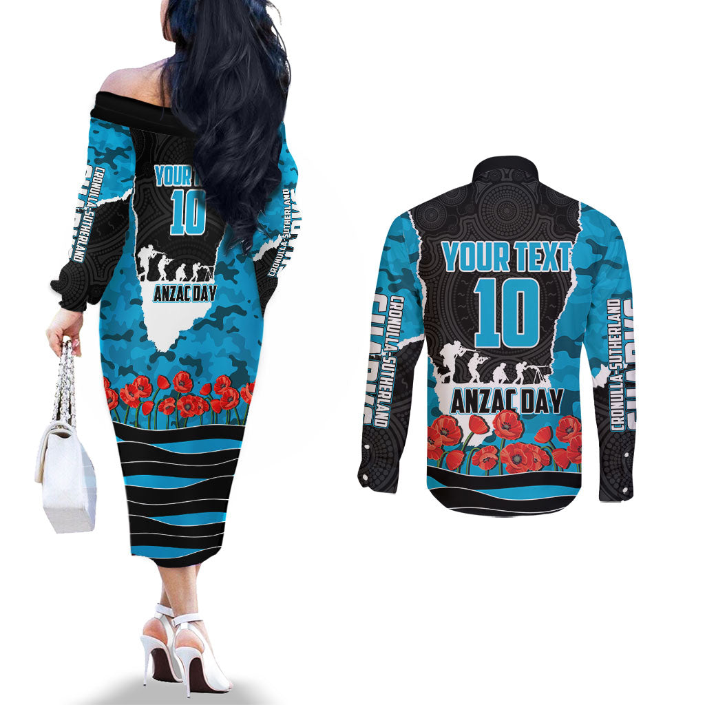 Personalized Sharks ANZAC Tribute Couples Matching Off The Shoulder Long Sleeve Dress and Long Sleeve Button Shirt Poppy Field Soldier Silhouette Aboriginal Rugby Mascot