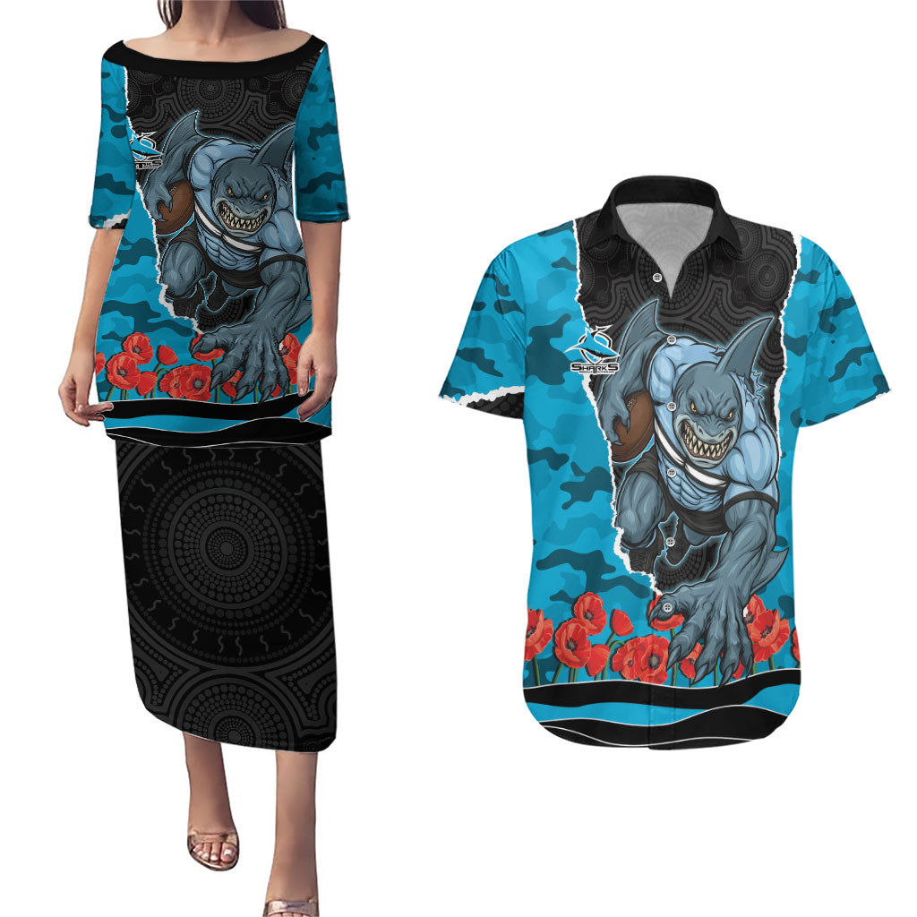 Personalized Sharks ANZAC Tribute Couples Matching Puletasi and Hawaiian Shirt Poppy Field Soldier Silhouette Aboriginal Rugby Mascot
