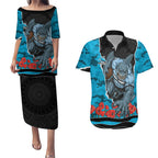 Personalized Sharks ANZAC Tribute Couples Matching Puletasi and Hawaiian Shirt Poppy Field Soldier Silhouette Aboriginal Rugby Mascot