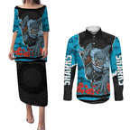 Personalized Sharks ANZAC Tribute Couples Matching Puletasi and Long Sleeve Button Shirt Poppy Field Soldier Silhouette Aboriginal Rugby Mascot