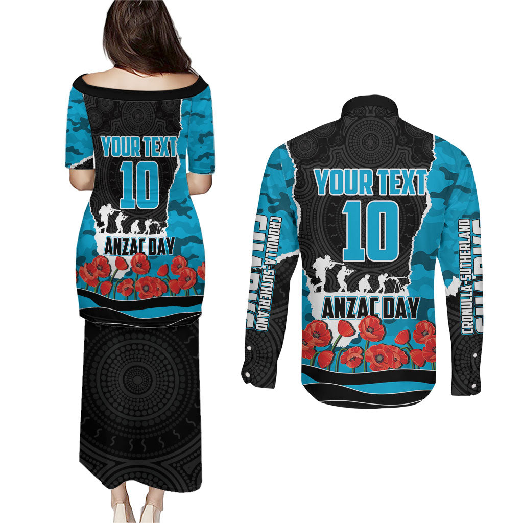 Personalized Sharks ANZAC Tribute Couples Matching Puletasi and Long Sleeve Button Shirt Poppy Field Soldier Silhouette Aboriginal Rugby Mascot