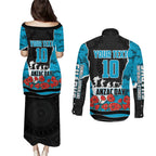 Personalized Sharks ANZAC Tribute Couples Matching Puletasi and Long Sleeve Button Shirt Poppy Field Soldier Silhouette Aboriginal Rugby Mascot